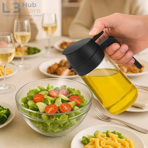 Garrafa Spray de Azeite 2 em 1 470ml – Pulverizador e Dosador para Óleo e Vinagre, Dispensador de Azeite em Vidro Premium para Air Fryer, Saladas, Churrasco e Cozinha (Preto)