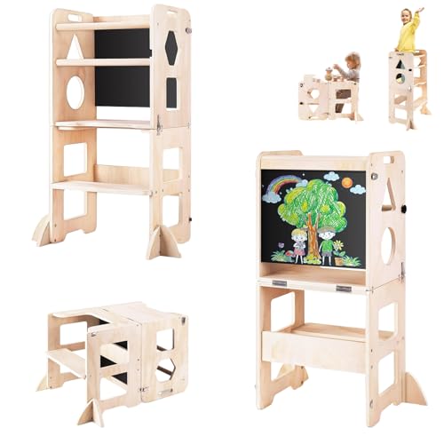 Toddler Kitchen Step Stool, Foldable Kid Learning Standing Tower with Blackboard, 4-in-1 Wooden Stool Helper for Kids, Natural 43 * 32 * 88Cm