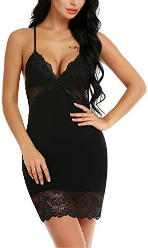 AIcharm Women Lingerie V Neck Lace Full Slip Chemise Sexy Nightgown Babydoll Mini Dress Cross Strap