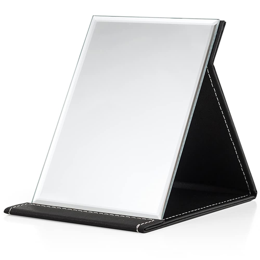 WFEWE Portable Folding Makeup Mirror Black PU Leather Travel Mirror with Stand Desktop Vanity Mirror for Travel Camping(M(6.69 * 4.8in)) Black