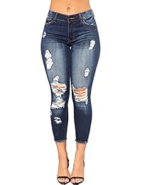 Women's Juniors Distressed Ripped Slim Fit Stretchy Jeans Skinny Denim Capris Pants