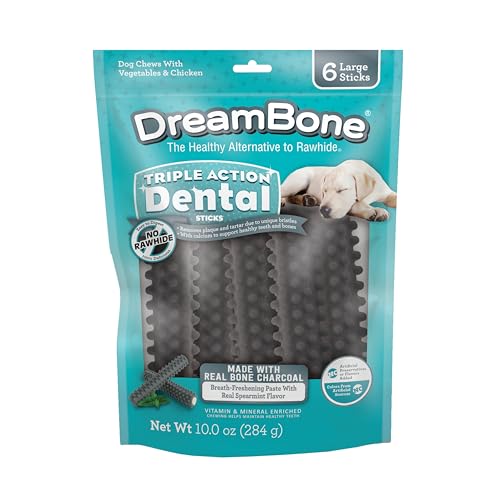 DreamBone Triple Action Dental Sticks Charcoal, 6 Count, Rawhide-Free Chews for…