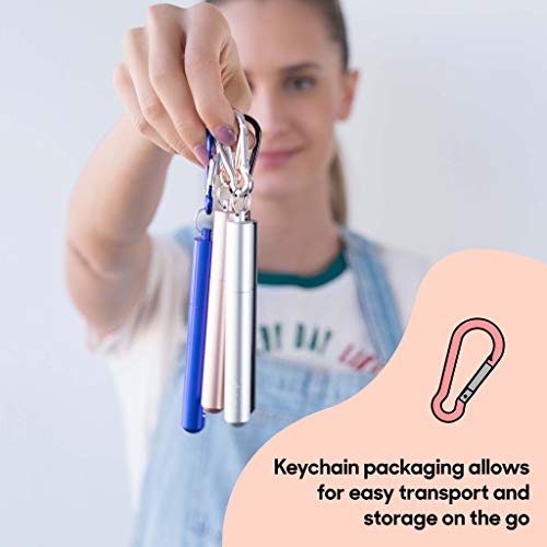 Flyby Portable Reusable Drinking Straws | Collapsible & Foldable Telescopic Stainless Steel Metal Straw Dispenser | Final Aluminum Case, Long Cleaning Brush, Silicone Tip | Light Blue & Pink | 2-Pack