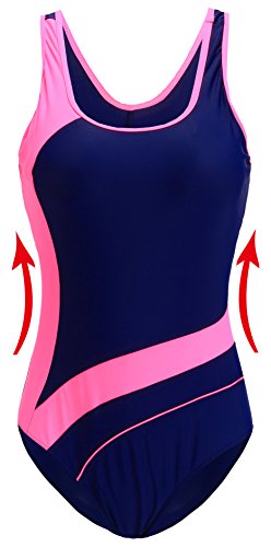 EBMORE Womens One Piece Swimsuit Bathing Suit Chlorine Resistant for Athletic Sport Training Exercise(Pink & Navy 10-12)