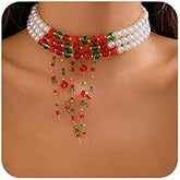 Jumwrit Vintage Layered Pearl Choker Necklace Dainty Chunky Chain Multi Strand Pearl Beaded Necklace Colorful Rhinestone Tassel 3 Tier Halloween Vampire Necklace for Women Statement Accessories