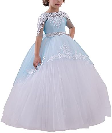 ZhixingKJ Half Sleeve Ball Gown Flower Girls Pageant Dresses Beaded Applique First Communion Dresses Size 10 Light Blue
