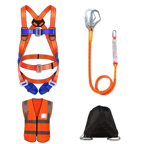 WEIKAXIMU Fall Protection Set: Auffanggeschirr zur Absturzsicherung 5 Points, 2 Hooks, Safety Rope 2 m, with Auffanggerät + Bonus: Reflective Vest and Backpack