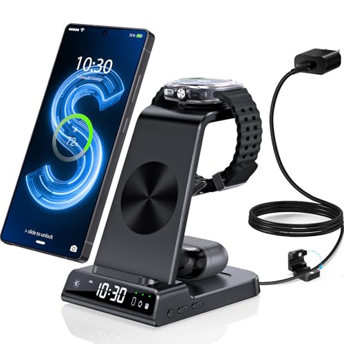 Wireless Charger for Samsung Charging Station with Clock for Samsung Galaxy S25 Ultra/S24 Ultra/Z Flip 7/Fold 6/Bud, 3 in 1 Android Charging Station, Watch Charger for Samsung Galaxy Watch 8/7/6/5Pro