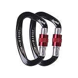 2- Pack 25KN Rock Climbing Carabiner, D-Shaped Hot-Forged Magnalium Locking Climbing Hook Holds 5511lbs with Screwgate Clip Climber Hiking Karabiner Outdoor Sport Tools CE Certified (Black, 2 Pack)