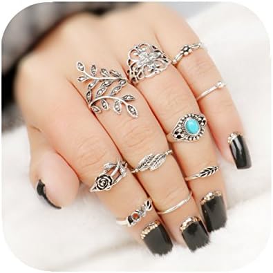 Hanloud Vintage Knuckle Rings Set Silver Joint Nail Ring Set Multi Turquoise Leaf Love Rose Flower Midi Mid Stacking Ring Set