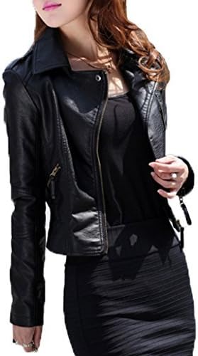Women's Plus Size Slim Lapel Faux Leather Biker Motorcycle Zipper Jacket Coat Black Small