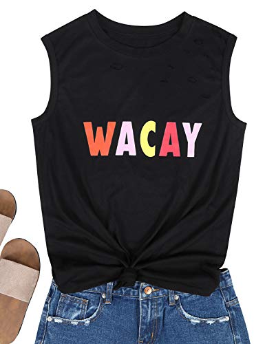 MYMORE Women\'s Ripped Letter Graphic Tank Tops Summer Distressed Sleeveless Tee Shirts Blouse Black,S