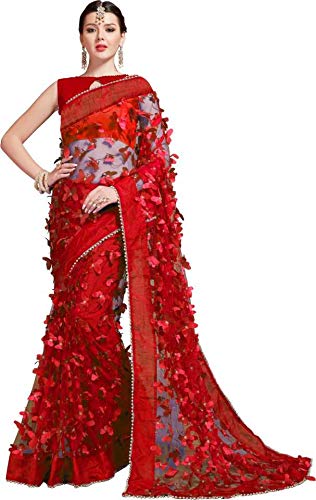 Women's Net Butterfly Embroidered Saree (Red)