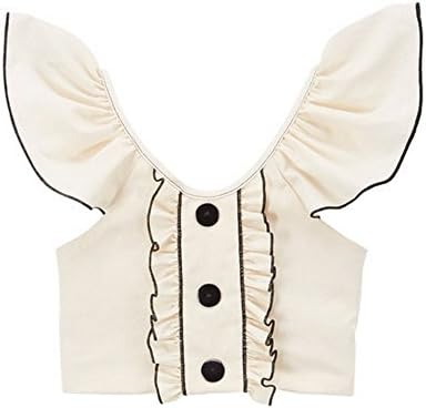 Big Girls Ivory Black Flutter Sleeve Ruffle Trim Button Cotton Shirt 7-12