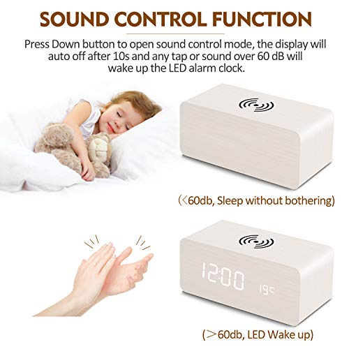 fomobest Wooden Alarm Clock with Wireless Charging for iPhone Samsung