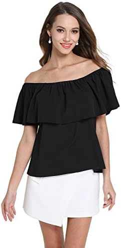 EOVVIO Women's Summer Ruffles Off Shoulder Chiffon Tops Blouse (L, Black)
