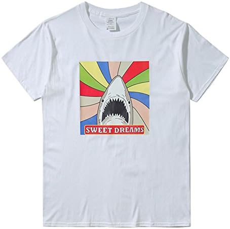 Vantina Men's Round Neck Cotton Short Sleeve T-Shirt With a Shark Pattern White Medium