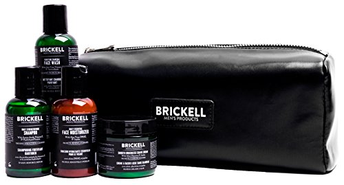 Brickell Men's Leather Toiletry Bag (Dopp Kit) Includes Smooth Brushless Shave Cream, Purifying Charcoal Face Wash, Daily Essential Face Moisturizer & Daily Strengthening Shampoo - TSA Compliant