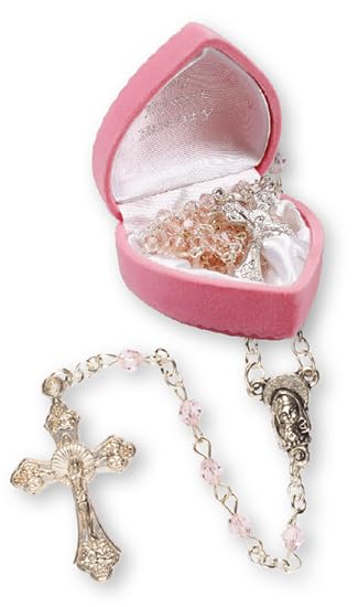 My 1st First Rosary Girl Pink Glass Beads in Heart Box and How to Pray The Rosary Card for Newborn Baby Child, Baptism or First Holy Communion