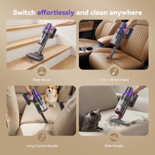 TechRise Cordless Vacuum Cleaner for Home, 550W 45KPa Powerful Suction with HEPA Filter, 60 Min Runtime,Self-Standing, Anti-Tangle Brush, LED Light for Pet Hair, Carpets, Hard Floor
