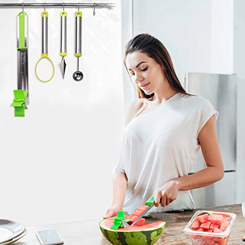 4 Pack Fruit Slicer Carving Set, Stainless Steel Watermelon Windmill Slicer Corer Cutter Knife Tongs & Fruit Scoop Dig Pulp Separator & Melon Baller Scoop and Fruit Carving Knife - Thumbnail 6