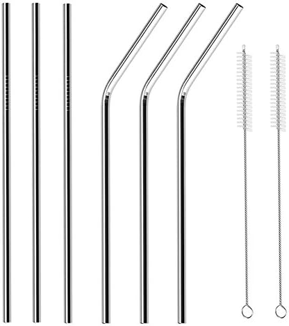 Docik 18/8 Stainless Steel Straws, Set of 6, Reusable Extra Long 10.5-Inch Metal Drinking Straws for 20 30 Oz Yeti Rambler RTIC Tumbler Cups and More Mugs, 2 Cleaning Brush