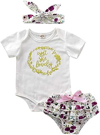 Honykids 3PCS Newborn Baby Girl Romper Jumpsuit Bodysuit +Pants Shorts+Headband Outfit Set (Gold, 12-18 Month)
