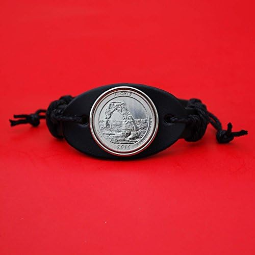 US 2014 Utah Arches National Park Quarter BU UNC Coin Genuine Black Leather Cuff Bangle Bracelet NEW - America the Beautiful