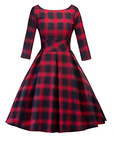 ZAFUL Women's 1950s Vintage Long Sleeve V Back Plaid Checkered Swing Dress (Red&Black(Long Sleeve),M)