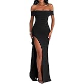 LAGSHIAN Women's Elegant Bodycon Off Shoulder Sleeveless High Split Ruched Long Formal Evening Dress