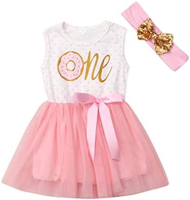 Newborn Kid Baby Girls 1st/2nd/3rd Birthday Party Dress Sleeveless/Long Sleeve Donut Tulle Dress with Bowknot Headband Set
