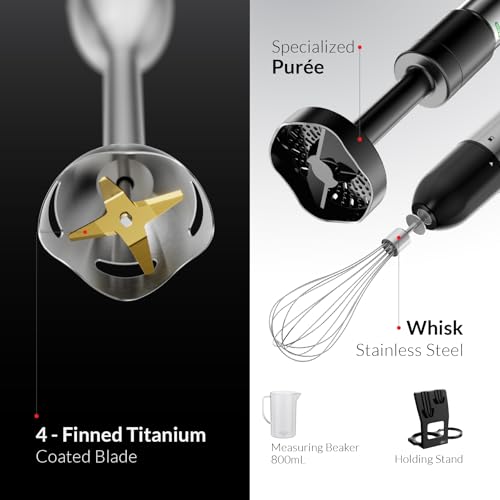 Feller Germany 5in1 Hand Blender 1000W, 1.8L Food Processor + 4 Blades, 1.2L Chopper, Whisk, Purée Maker, 4-Fin Titanium Blade, Stainless Steel Body, HB1000 Pro, 2Y Guarantee-UAE Version (Black)