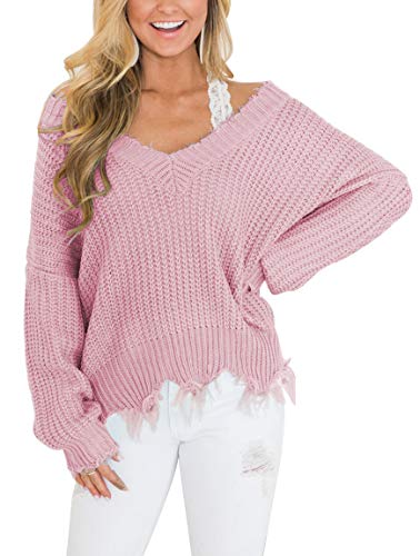 LEANI Women's Loose Knitted Sweater Long Sleeve V-Neck Ripped Pullover Sweaters Crop Top Knit Jumper