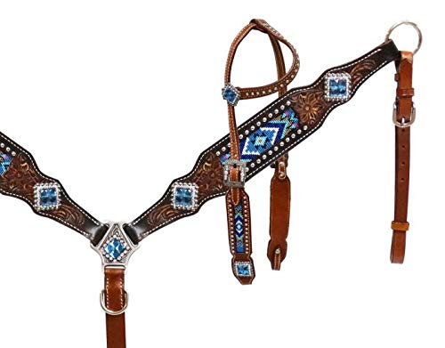 Showman Medium & Dark Oil Tooled Leather Headstall & Breast Collar Set w/Blue Beaded Inlays!