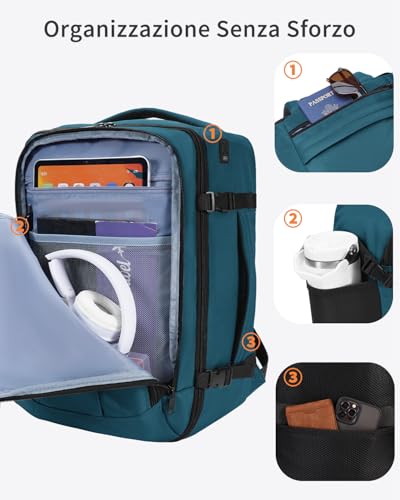 ECOHUB Ryanair Travel Backpack 40 x 30 x 20 cm, 13 Pockets Hand Luggage Under the Seat Handle Eco Friendly Airplane Bag in Recycled PET 24 Litres, Patented (Blue Green)