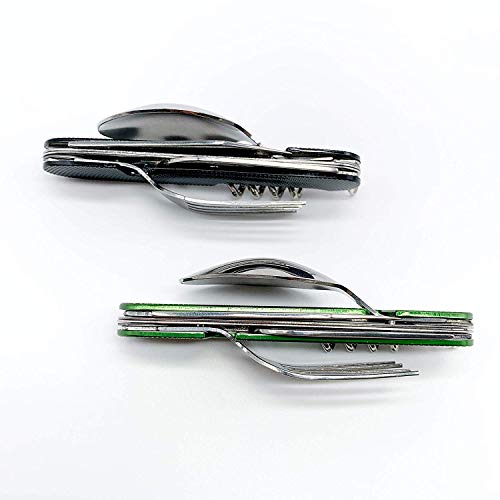 6-in-1 Multi-Function Camping Flatware Utensil Folding Knife Cutlery Detachable Pocket Kits with Carrying Pouch (2 Packs: Black + Green)