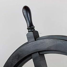 Nagina International 24" Premium Matte Black Solid Wood Pirate's Ship Wheel with 10" Aluminum Polished Porthole Mirror | Captain's Maritime Beach Home Decor 413NpmaTb2L