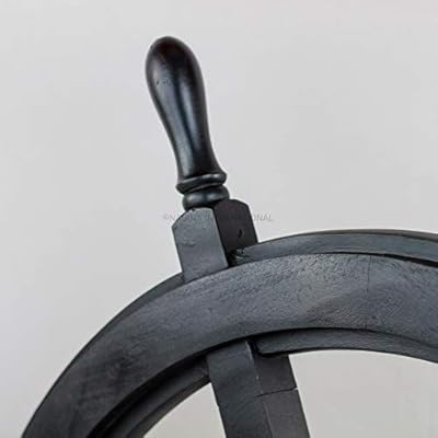 Nagina International 24" Premium Matte Black Solid Wood Pirate's Ship Wheel with 10" Aluminum Polished Porthole Mirror | Captain's Maritime Beach Home Decor 413NpmaTb2L