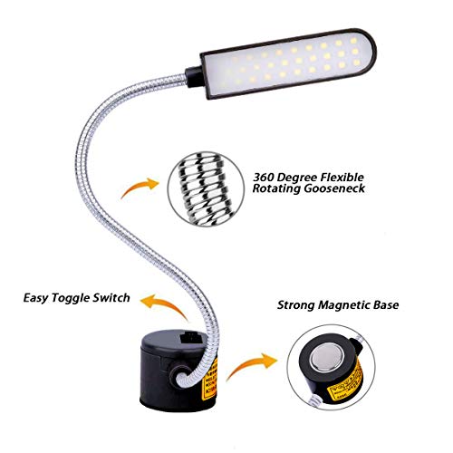 JANSANE Sewing Machine Light LED Lighting (30LEDs) 6 Watt for Workbench Lathe Drill Press Daylight White Flexible Gooseneck Arm Work Lamp with Magnetic Mounting Base Black