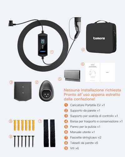 tomons App Electric Car Charging Cable, 3.68 kW 6M, Portable Electric Car Charger Type 2 Schuko, Single Phase 16 A, 2.4 Inch LCD IP65, Adjustable Time and Current for Model 3/Y, 500e, e-208, Other EV