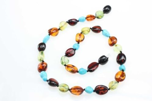 Amberbeata "Turquoise Star" Baltic Amber Teething Necklace for Baby, Cherry and Cognac Baltic Sea Amber, Green Caribbean Amber, Natural Turquoise, Safety Knotted