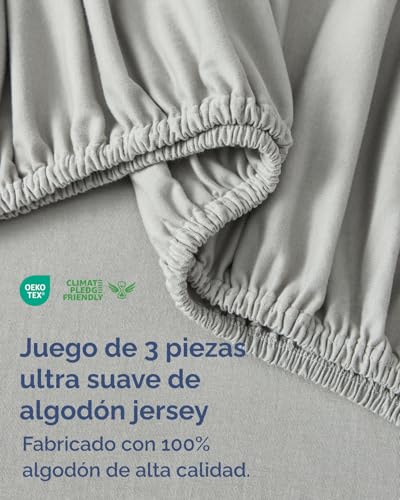 Jersey Fitted Sheet Cotton 140 x 200 cm Light Grey + 2 Pillowcases 80 x 80 cm – Pack of 3 – 100% Cotton – Terry 40 cm / 16 Inches – Soft, Anti-Wrinkle and Hypoallergenic – Oeko-Tex Standard 100