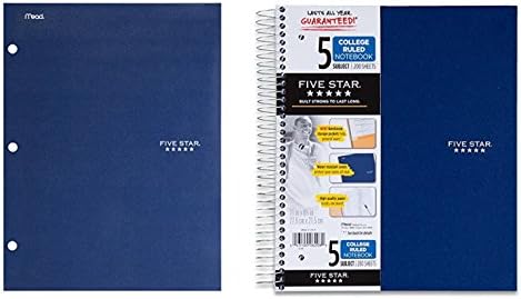 Five Star Spiral Notebook, 5 Subject, College Ruled, 11 x 8.5 Inch, Navy (72083) And Five Star Folder, 4-Pocket, Navy (72099)