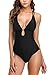 CharmLeaks Low Back One Piece Swimsuit Plunge Monikini Black Swimwear Bathing Suits M, Black Basic