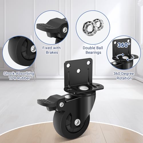 Humagineer 50 mm Heavy Duty Trolley Wheels with L Mount, Wheels for Small Furniture in Rubber, Silent and Sliding, Capacity 270 kg, Swivel Ruo te with 4 Brakes for Table, Wardrobe, Cot