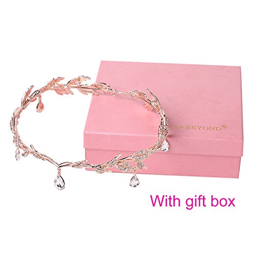 BABEYOND Women Wedding Bridal Bridesmaid Beaded Forehead Band Dangle Rhinestone Austrian Crystal Headband Headpiece with Gift Box (Gold)