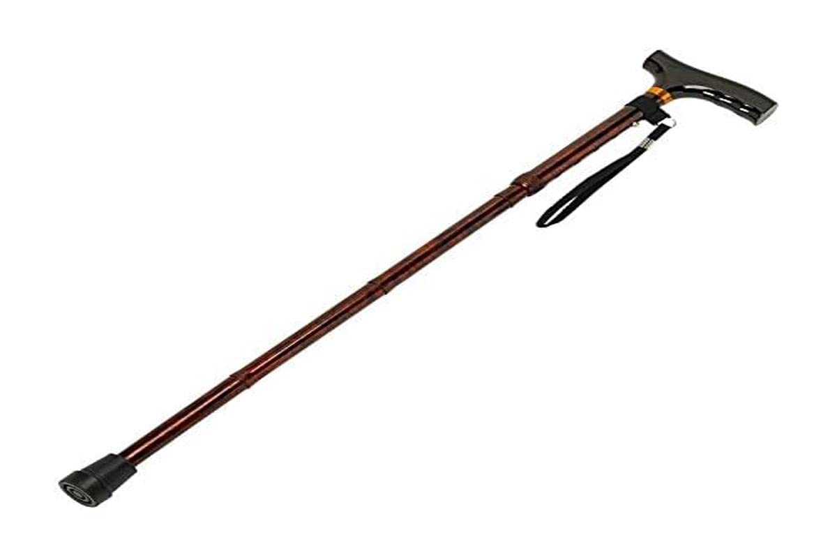 Homecraft Folding Coloured Walking Stick with Wooden Handle, Lightweight Adjustable Walking Cane for Balance, Mobility Aid, Walnut, 825-925mm