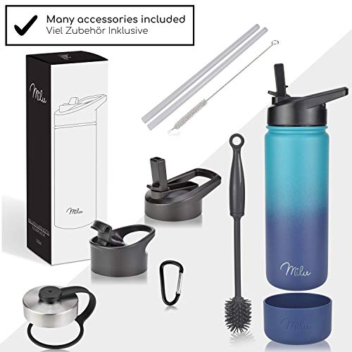 Milu Edelstahl Trinkflasche 500ml, 750ml, 1000ml (+3 Deckel) - Thermosflasche mit Strohhalm, Isolierte Wasserflasche, Auslaufsichere Isolierflasche doppelwandig, Kohlensäure geeignet (Grün Blau, 0,5L) – Bild 5