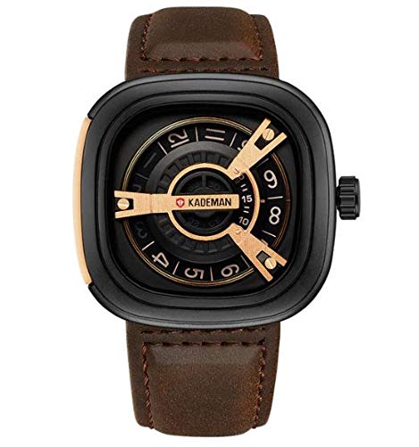 Kademan Dark Brown Business Casual Waterproof Leather Strap Unique Display Square Dial Watch for Men and Boys