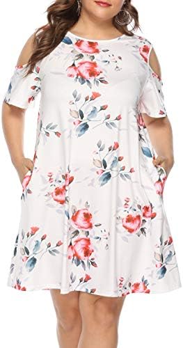 Women Plus Size Dresses Cold Shoulder Short Sleeve Casual Loose T-Shirt Swing Dress with Pockets